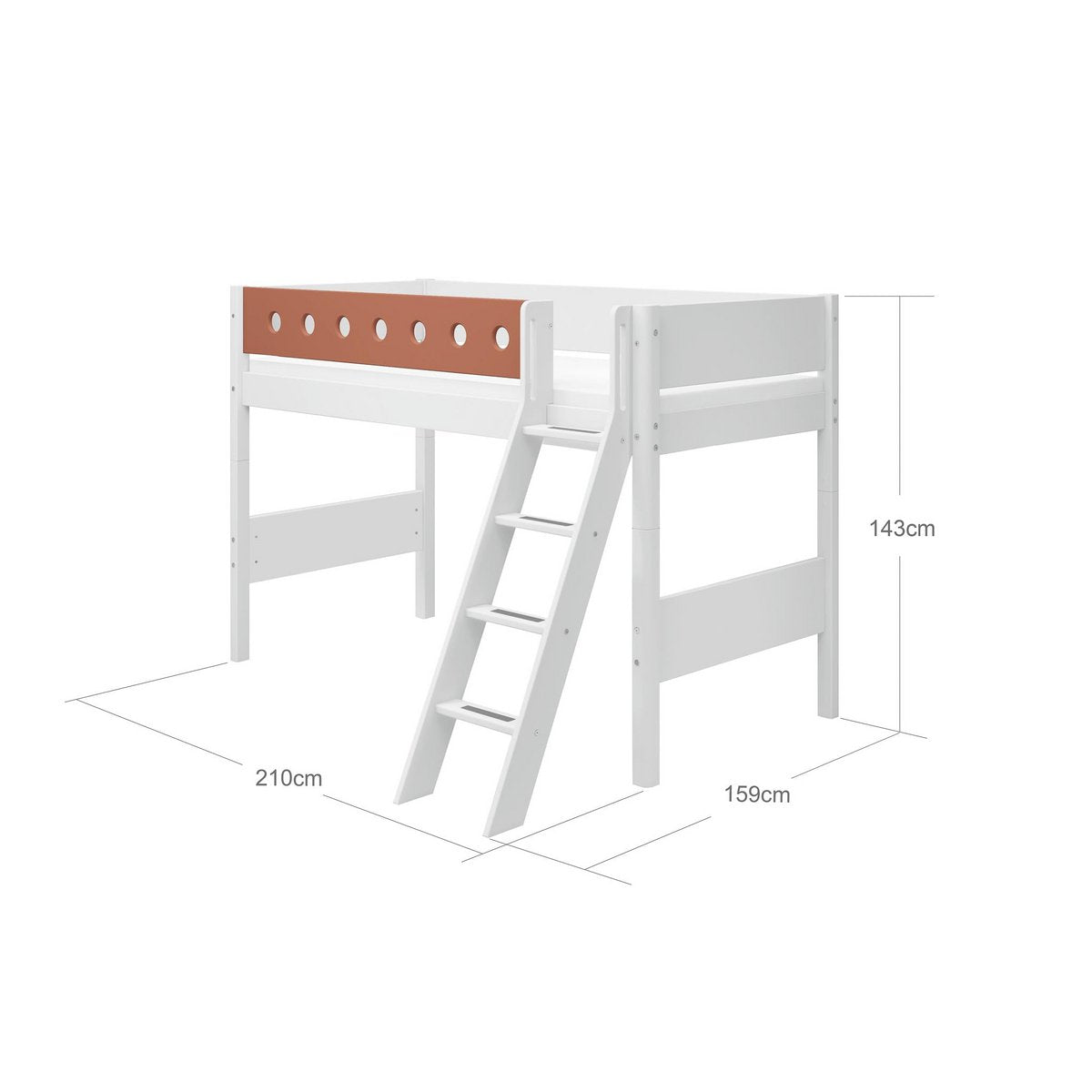 Weißes halbhoches Bett, schräge Leiter, 90x200, weiß/erröten